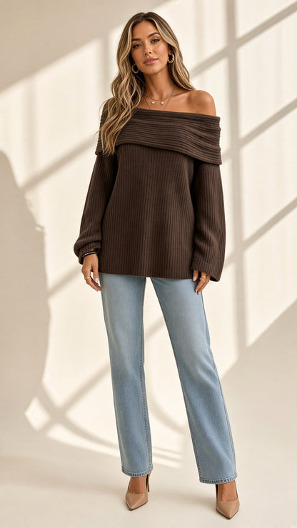 Suéter Margaux canelé con cuello bardot en marrón chocolate, vista frontal – Vora Maison