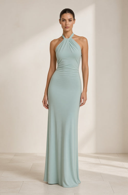 Vestido Serena largo halter en verde agua, vista frontal – Vora Maison