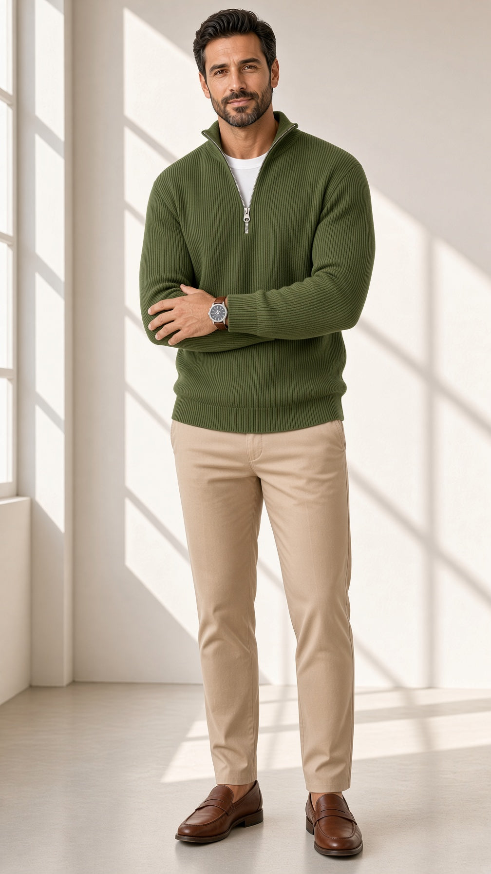 Jersey Marco con media cremallera en verde militar, vista frontal – Vora Maison