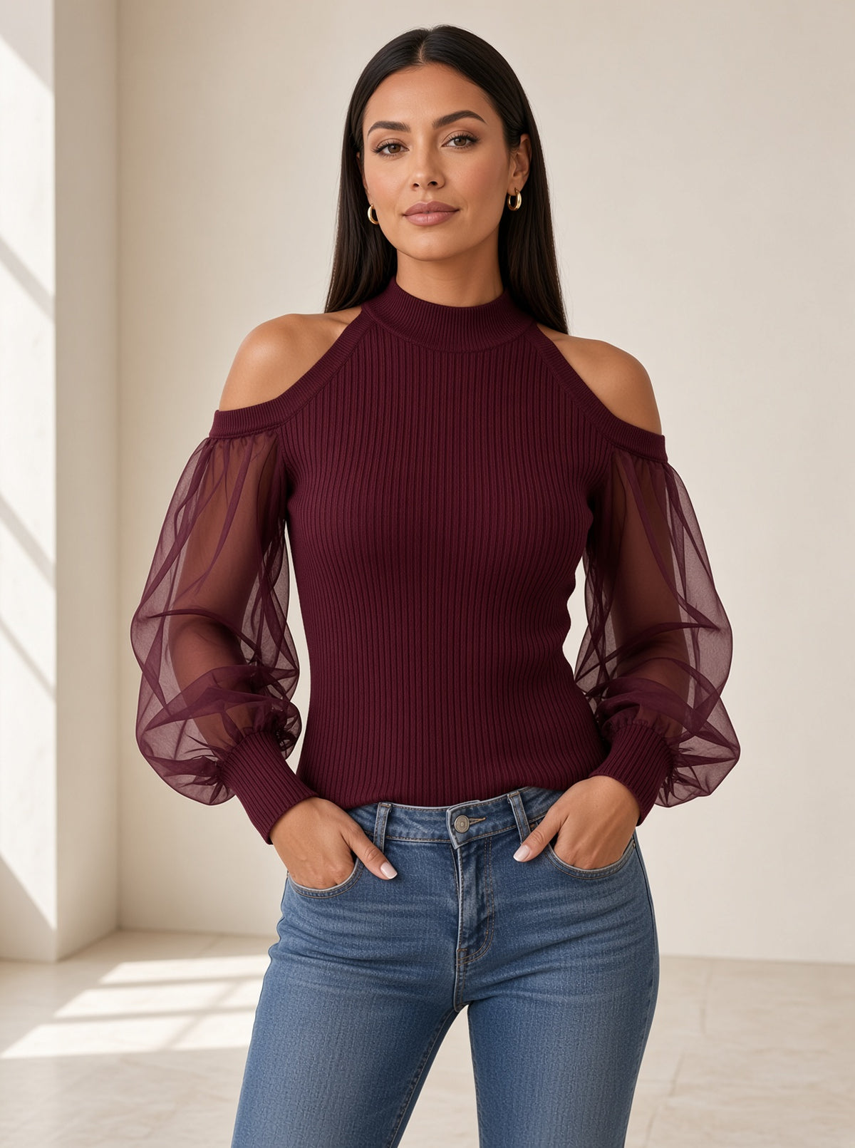 Top Sylvie canelé con mangas de organza en burdeos, vista frontal – Vora Maison