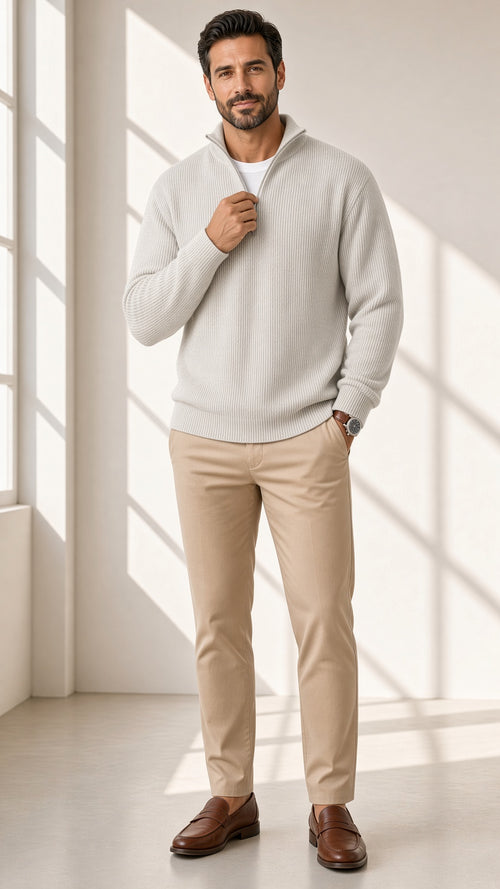Jersey Marco con media cremallera en blanco, vista frontal – Vora Maison