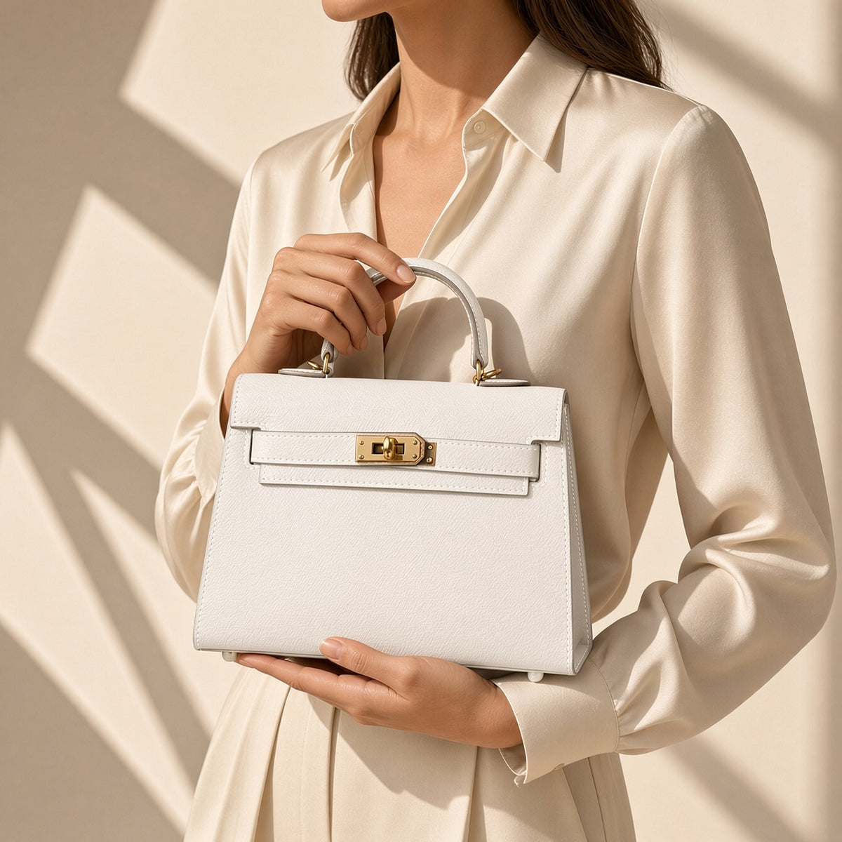 Detalle del cierre dorado del bolso Noa mini en blanco – Vora Maison