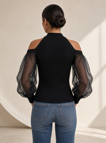Top Sylvie canelé con mangas de organza en negro, vista de espalda – Vora Maison