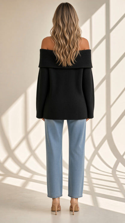 Suéter Margaux canelé con cuello bardot en negro, vista de espalda – Vora Maison