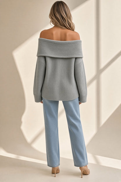 Suéter Margaux canelé con cuello bardot en gris, vista de espalda – Vora Maison