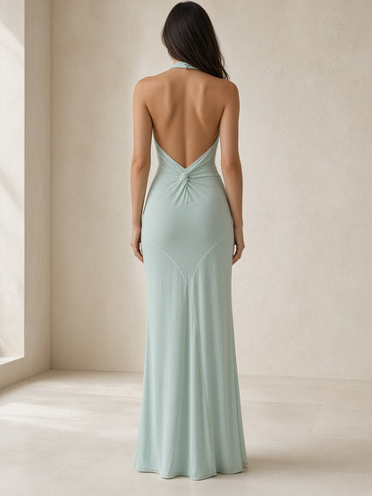 Vestido Serena largo halter en verde agua con espalda descubierta – Vora Maison