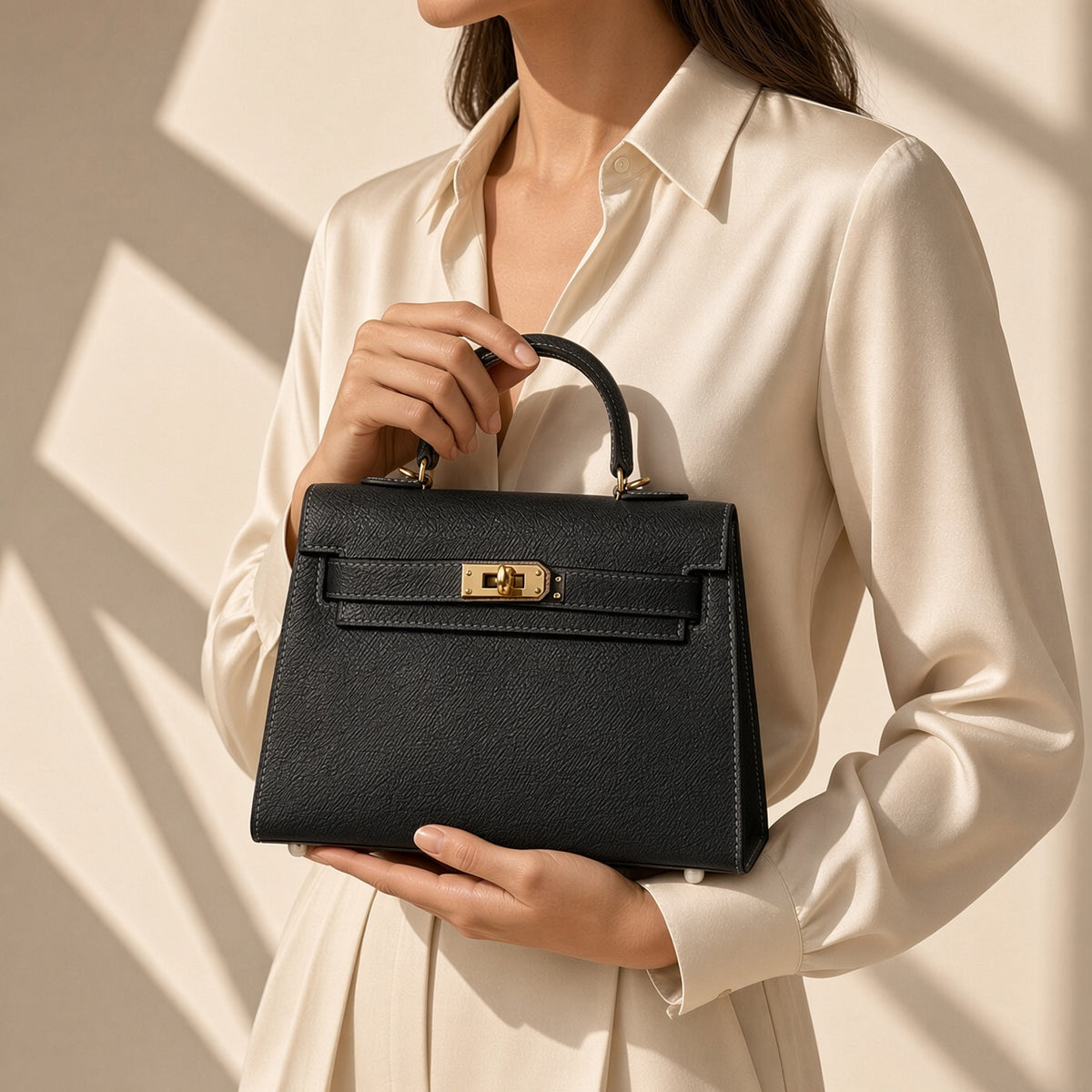 Detalle del cierre dorado del bolso Noa mini en negro – Vora Maison