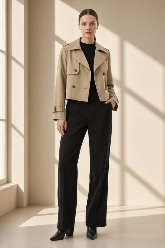 Trench Maren cropped con doble botonadura en beige, vista frontal – Vora Maison