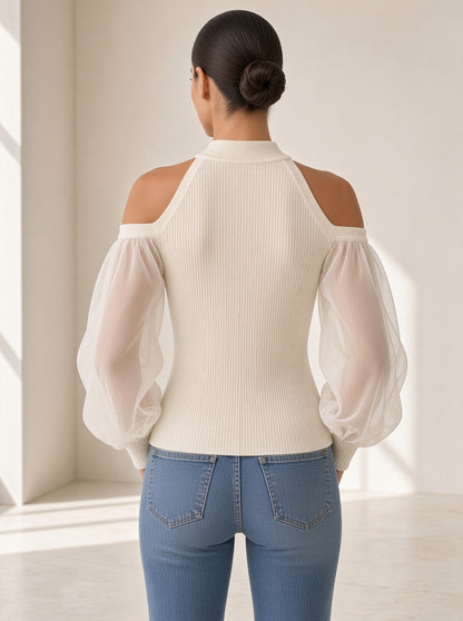 Top Sylvie canelé con mangas de organza en blanco, vista de espalda – Vora Maison