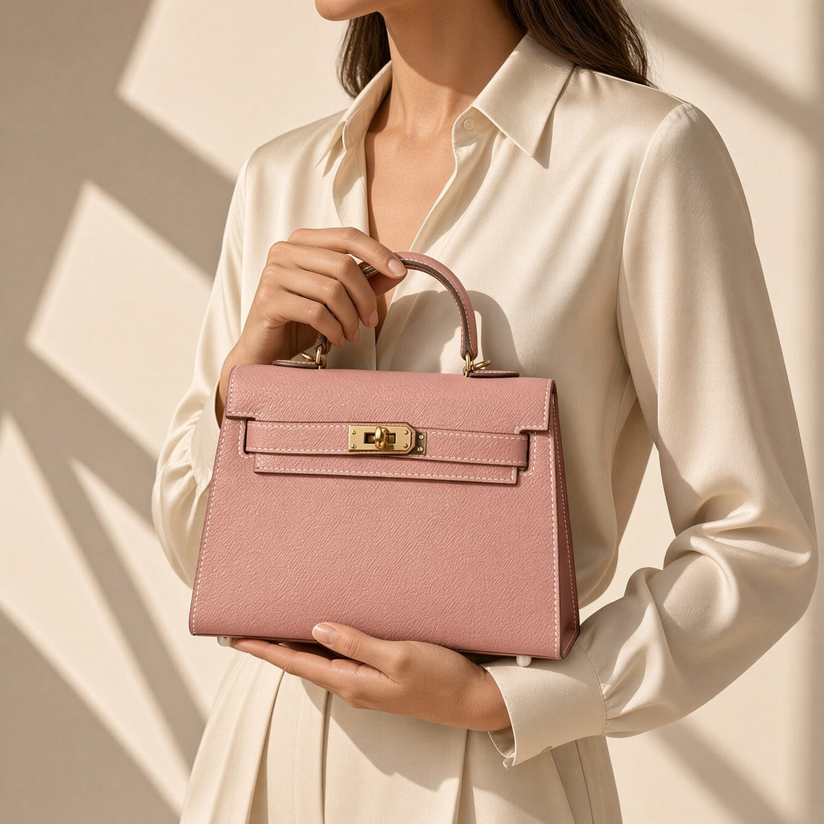 Detalle del cierre dorado del bolso Noa mini en rosa – Vora Maison