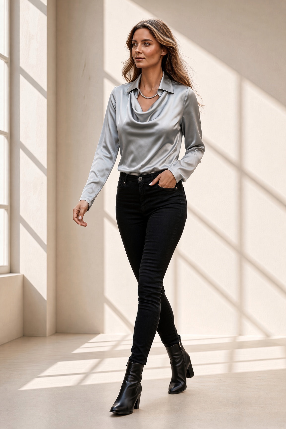 Blusa Ivana satinada con cuello drapeado en gris perla, vista frontal – Vora Maison