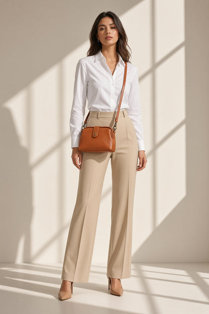 Bolso Colette bandolera vintage en coñac, look completo – Vora Maison