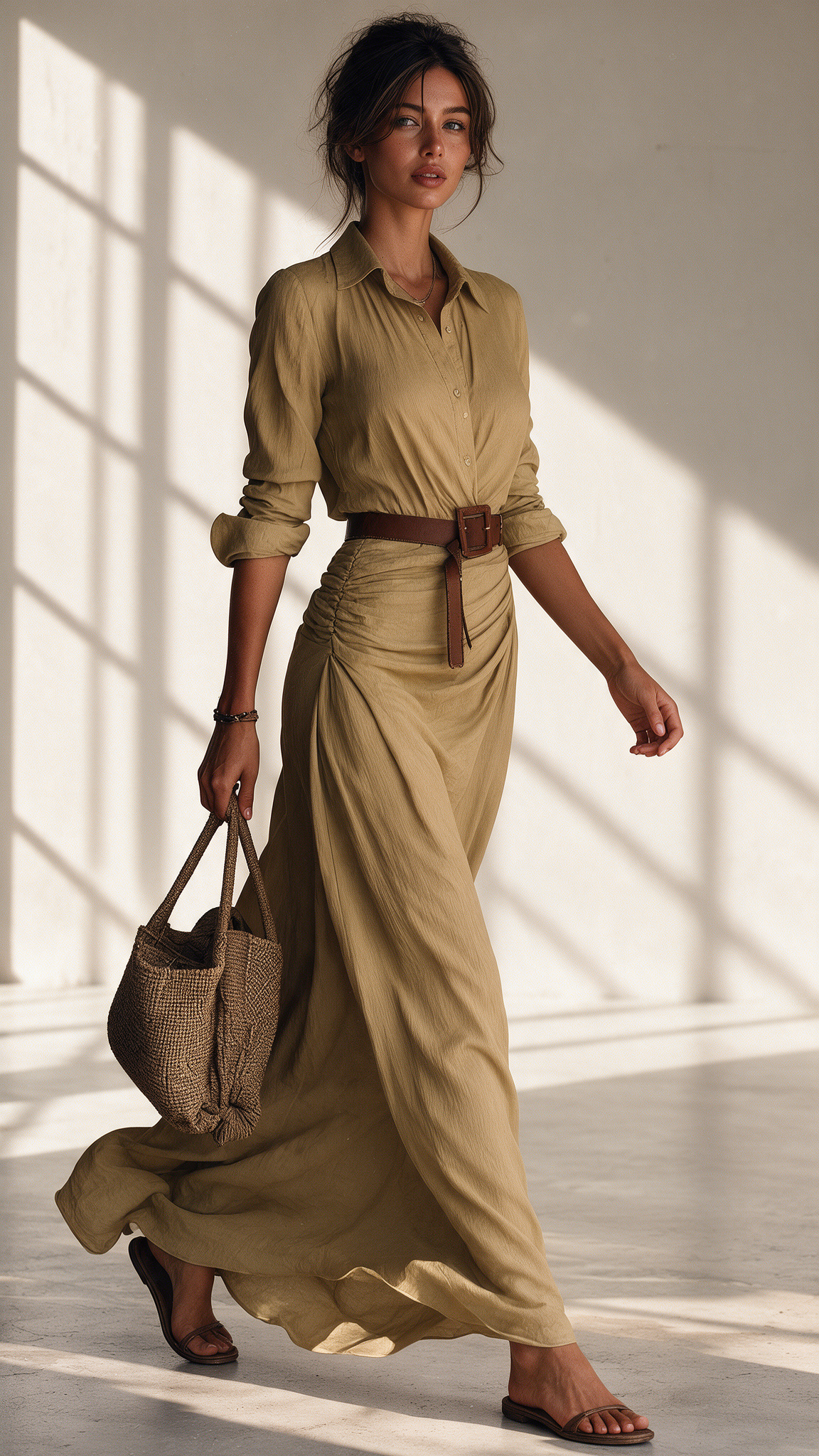 Camisero Valeria maxi en beige, vista de tres cuartos – Vora Maison