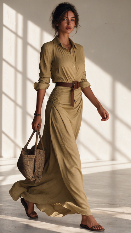 Camisero Valeria maxi en beige, vista de tres cuartos – Vora Maison