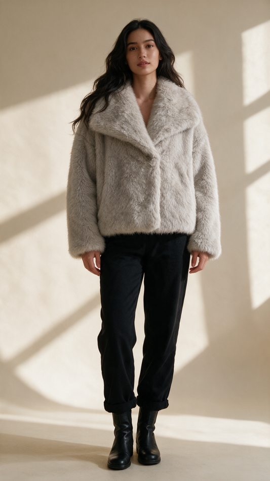 Chaqueta Elise de pelo sintético en gris claro, vista frontal – Vora Maison