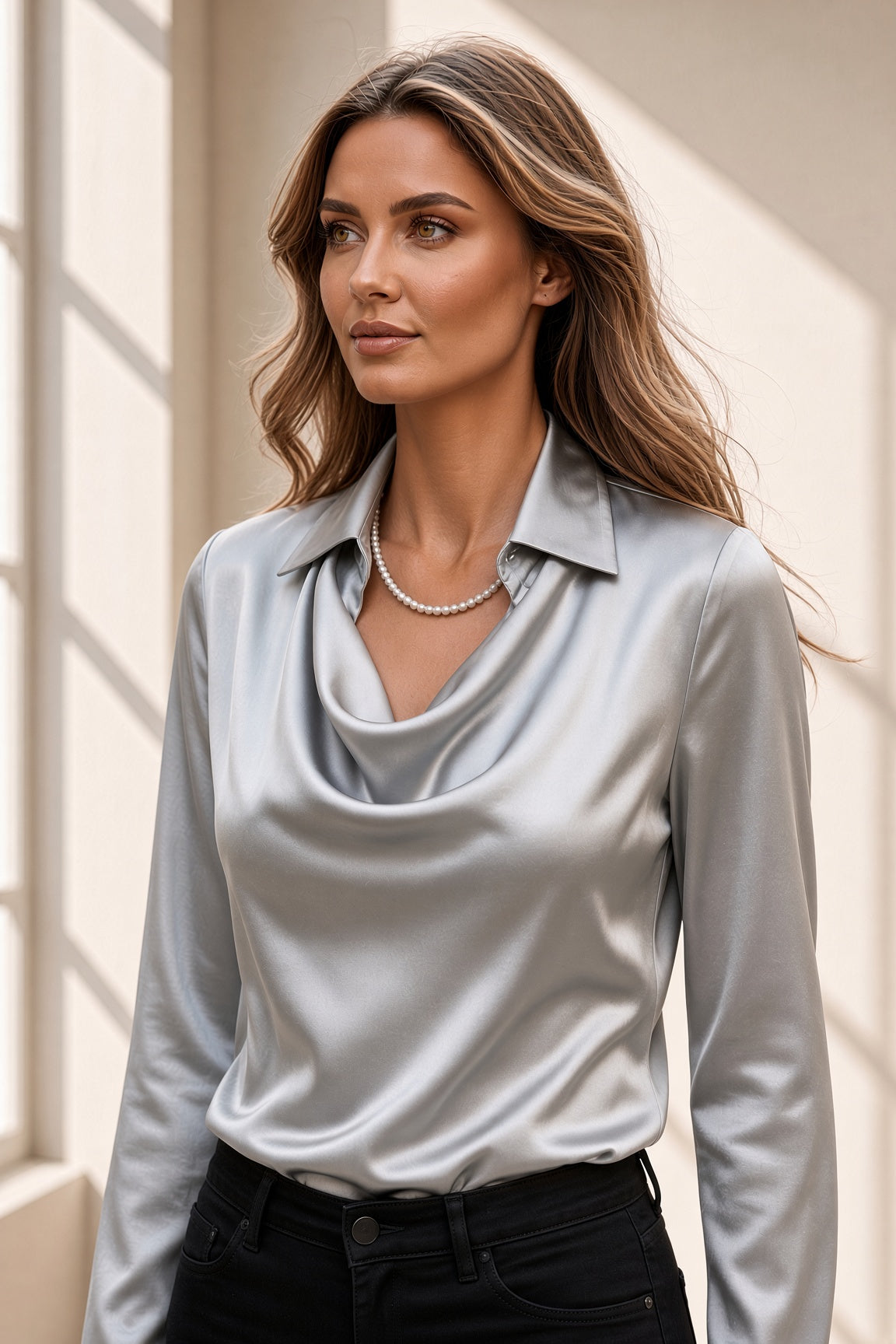 Detalle del cuello drapeado de la blusa Ivana en gris perla – Vora Maison