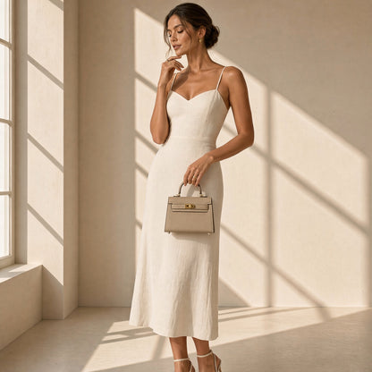 Bolso Noa mini en piel vegana beige llevado en la mano – Vora Maison