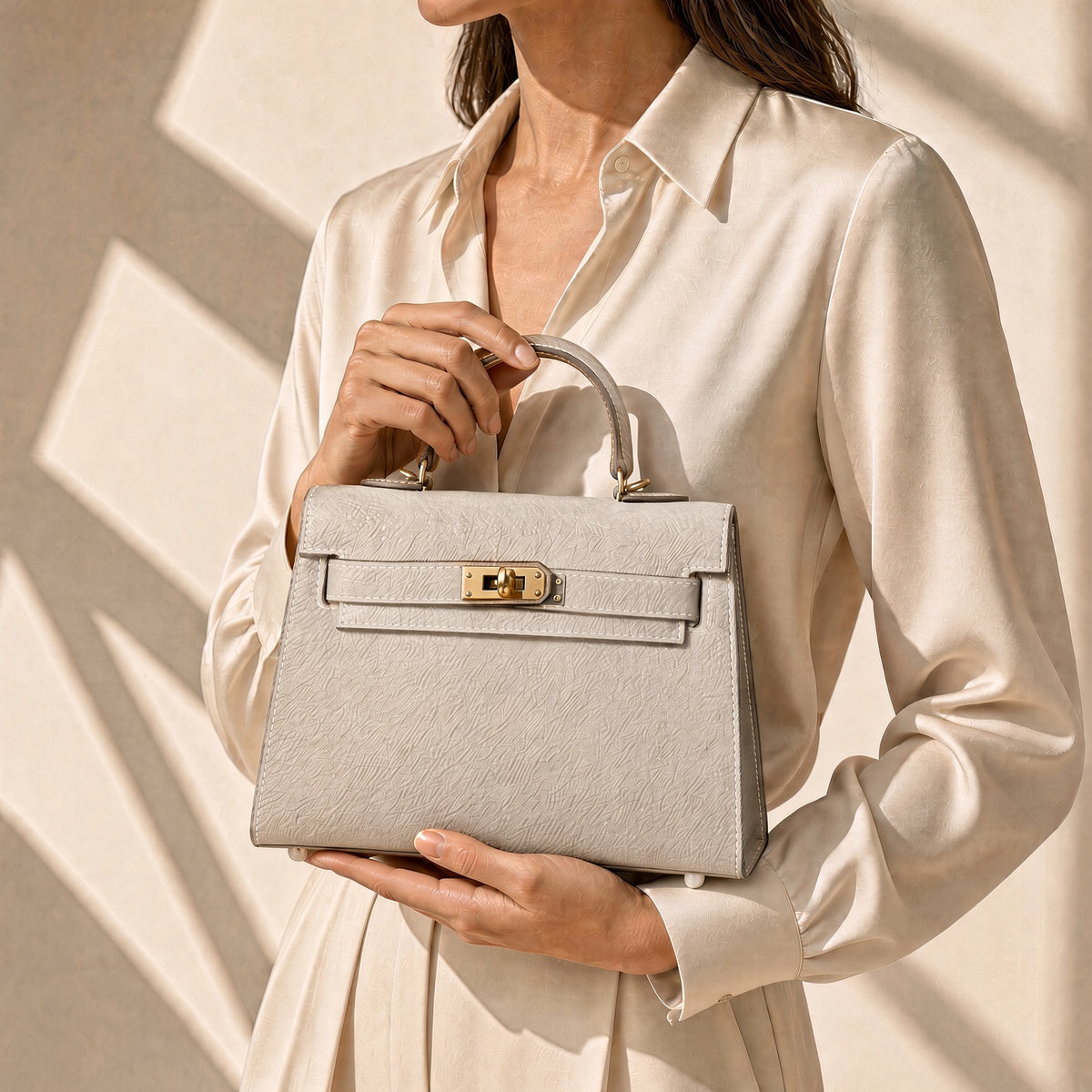 Detalle del cierre dorado del bolso Noa mini en beige – Vora Maison